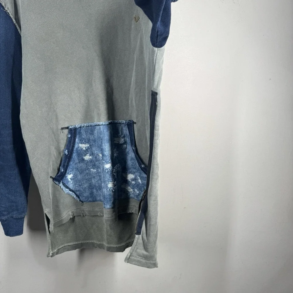 True Religion Mens Denim & Gray Pullover Kangaroo Pocket Hoodie Sz M Sweatshirt